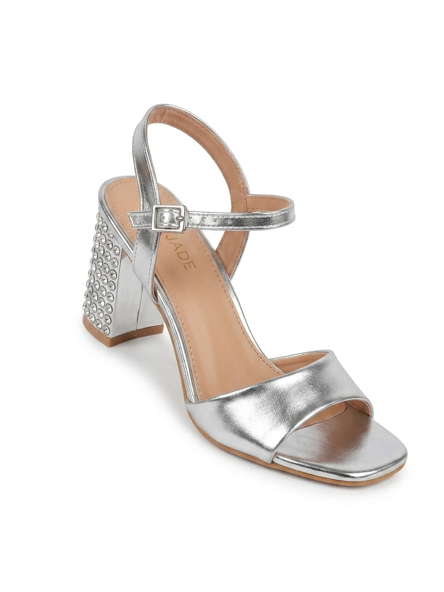 Metallic Crystal-Embellished Block Heel Sandals