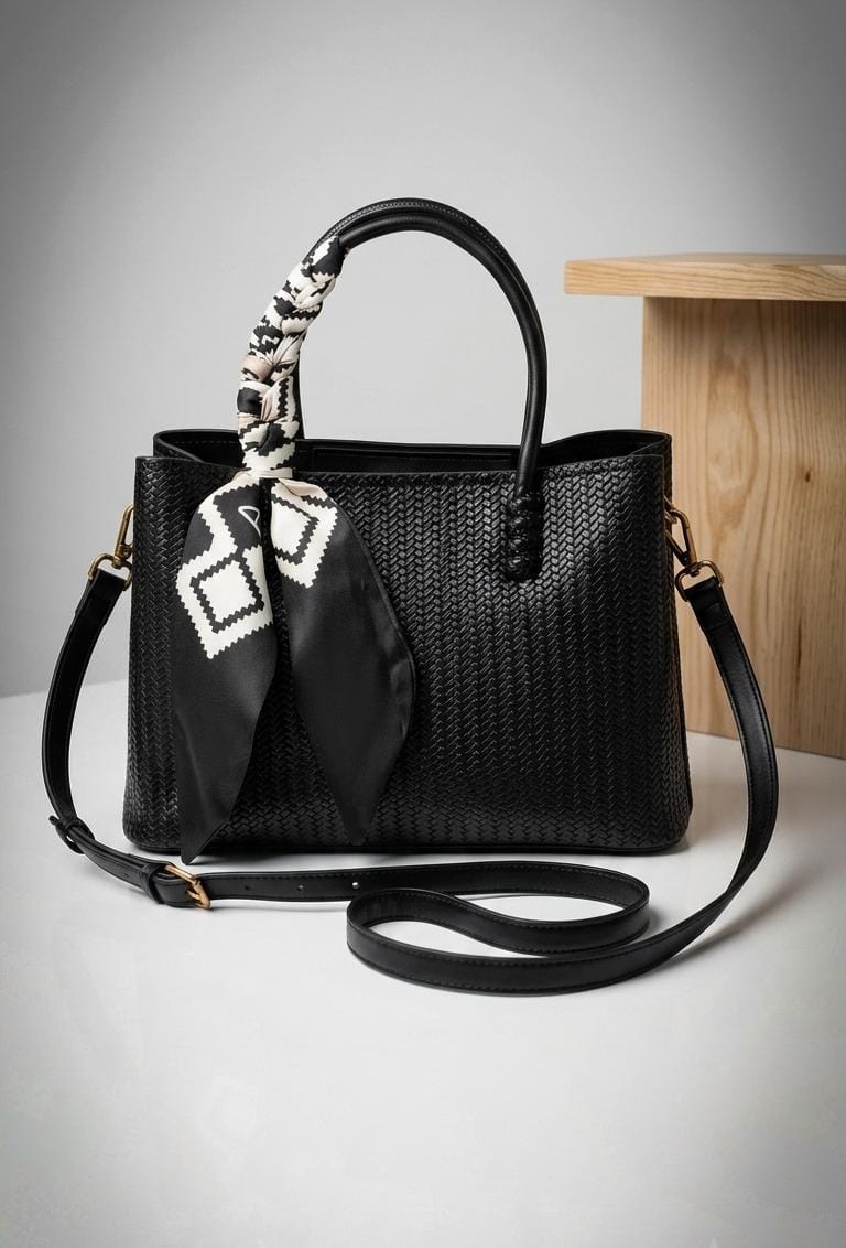 Chic Textured Crossbody Tote with Twilly Scarf