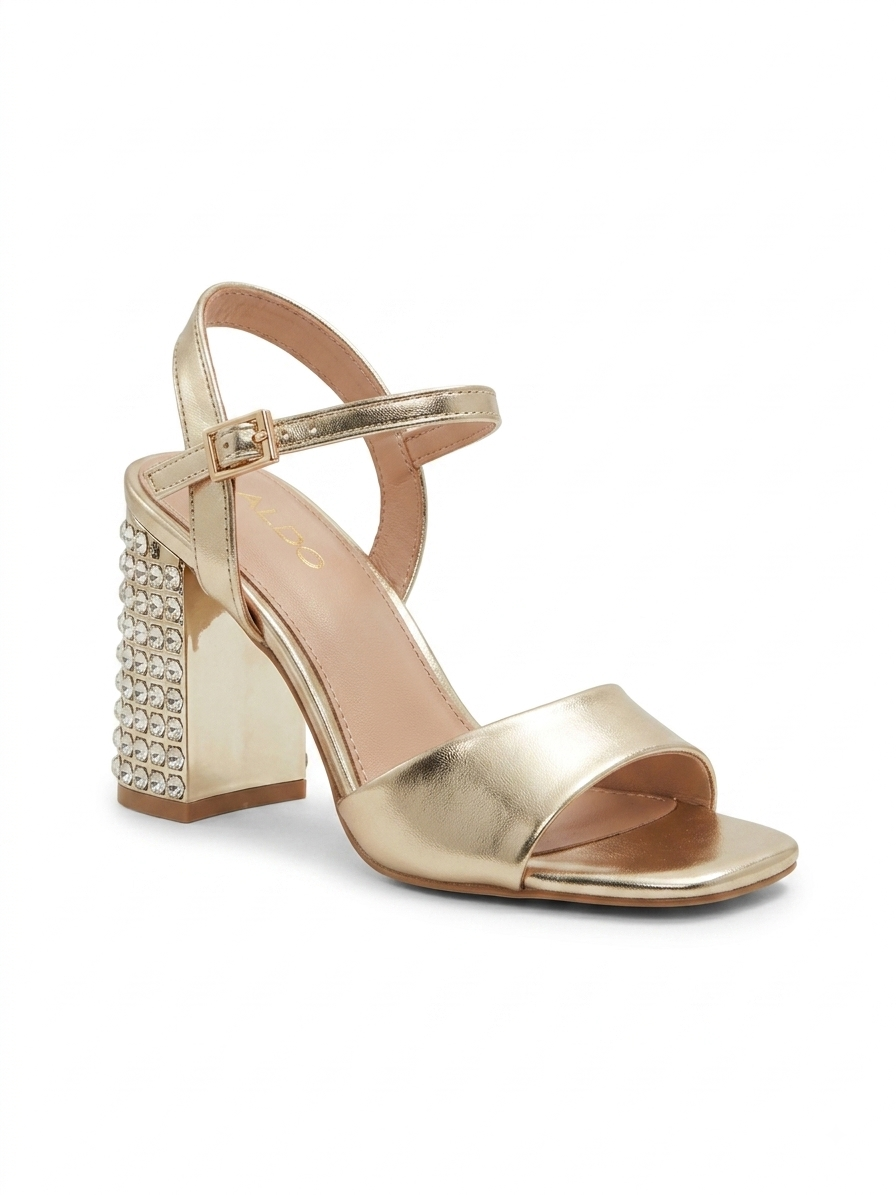 Metallic Crystal-Embellished Block Heel Sandals