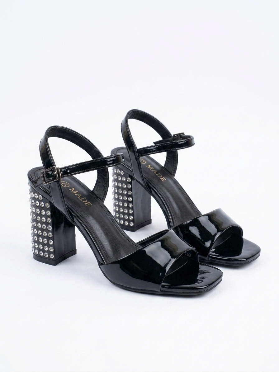 Metallic Crystal-Embellished Block Heel Sandals