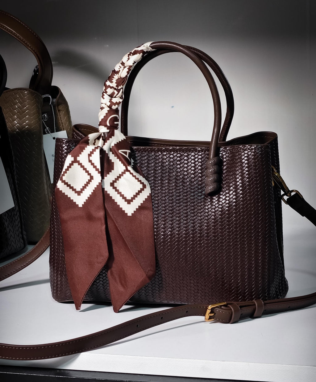 Chic Textured Crossbody Tote with Twilly Scarf