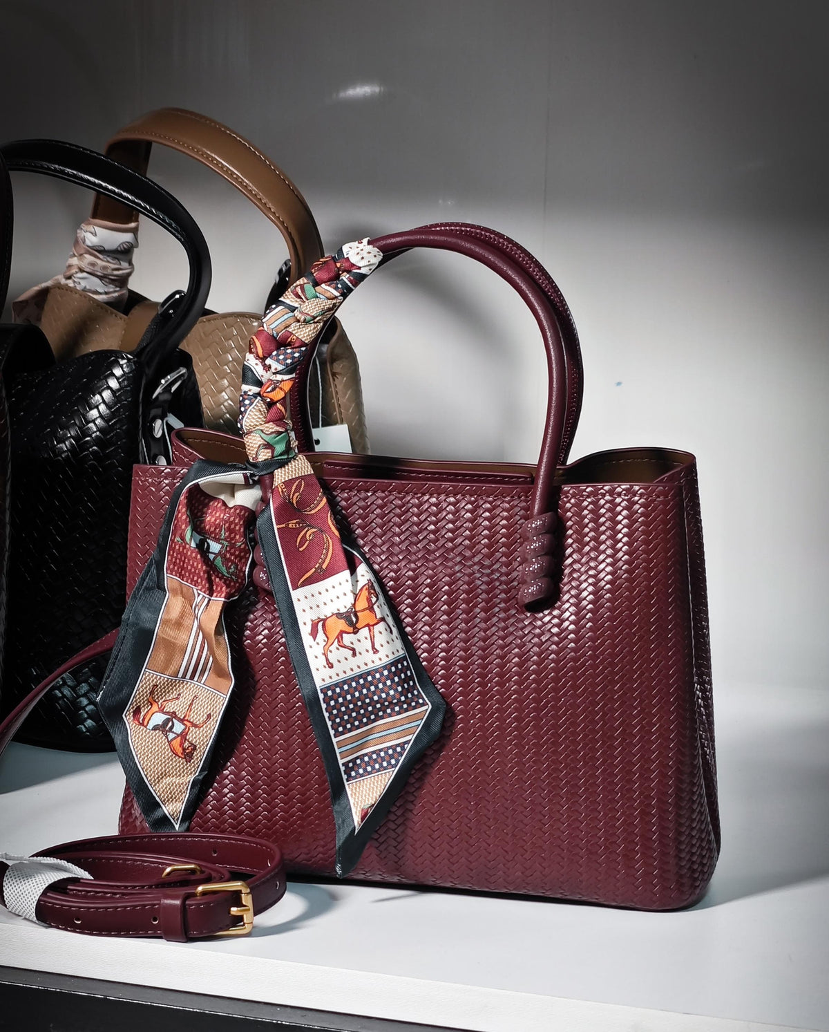 Chic Textured Crossbody Tote with Twilly Scarf
