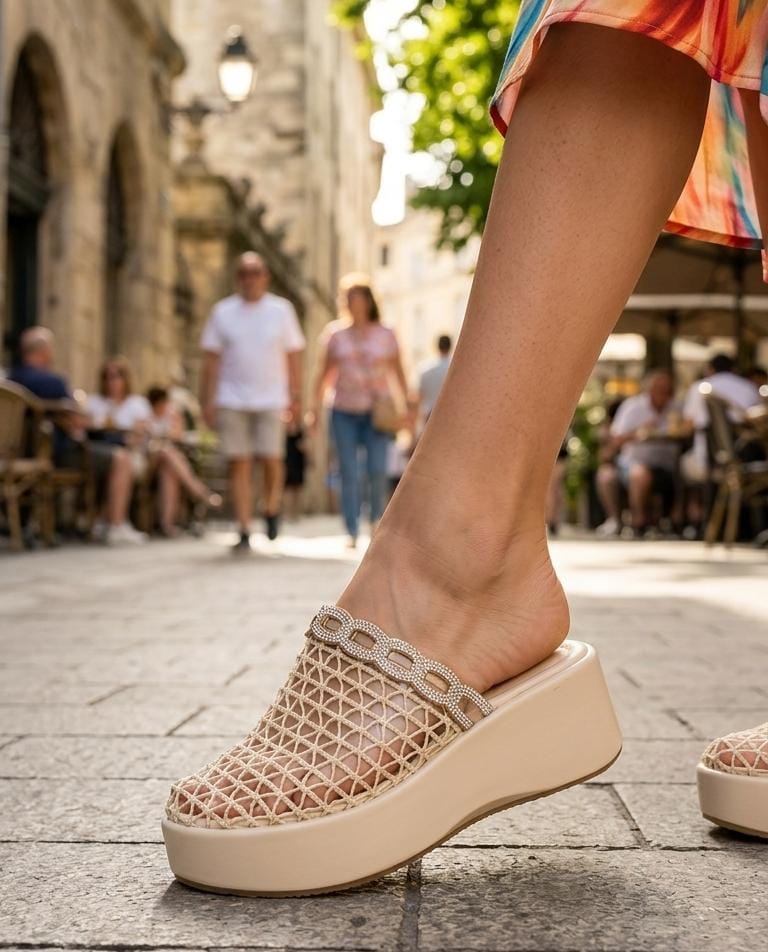 Rhinestone Accent Mesh Wedge Clogs