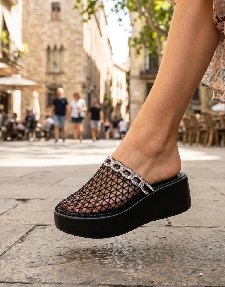 Rhinestone Accent Mesh Wedge Clogs